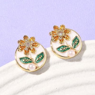 Oval with Flower Brass Micro Pave Cubic Zirconia Stud Earrings EJEW-P336-02G-1