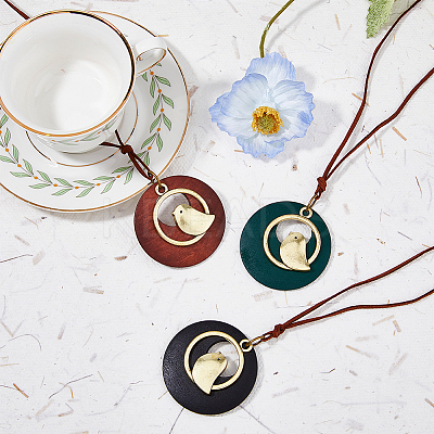 3Pcs 3 Colors Alloy Flat Round with Bird Pendant Necklaces Set with Faux Suede Cords NJEW-FI0001-30-1