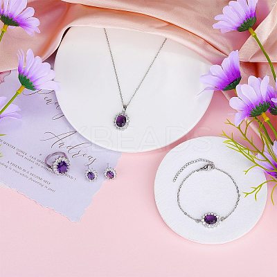 Cubic Zirconia Oval Pendant Necklace & Link Bracelet & Cuff Ring & Stud Earrings SJEW-SZC0001-01E-1