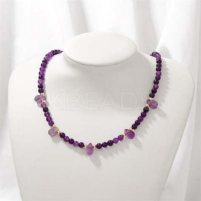 Adjustable 4MM Round and Teeardrop Natural Amethyst Beaded Necklace for Women Elegant Casual Jewelry Gift YO7964-6-1