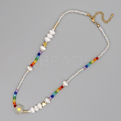 Christmas Theme Glass & Imitation Pearl & Brass Heart Beaded Necklaces GF3195-2-1