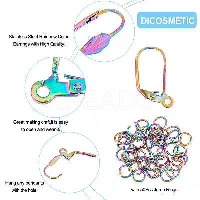 50Pcs Rainbow Color 304 Stainless Steel Leverback Earring Findings DIY-DC0001-52-1