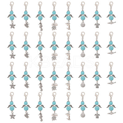 32Pcs 8 Styles Synthetic Turquoise Beads & Alloy Sea Animal Pendant Decorations HJEW-CA00068-1