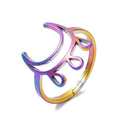Ion Plating(IP) 304 Stainless Steel Crescent Moon Adjustable Ring for Women RJEW-M149-11RC-1