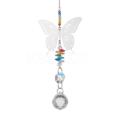 201 Stainless Steel Butterfly Shape & Rainbow Crystal Glass Hanging Suncatcher HJEW-JM04681-1