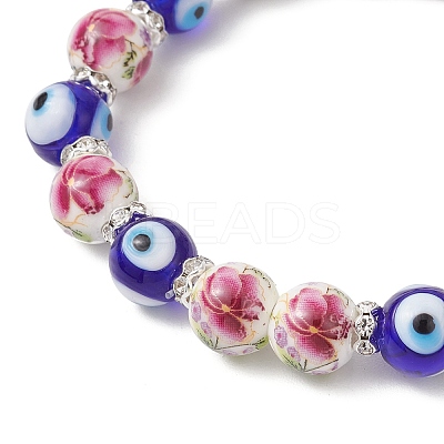 Handmade Flower Printed Porcelain Ceramic & Handmade Lampwork Evil Eye Beads Stretch Bracelets for Women BJEW-JB12105-02-1