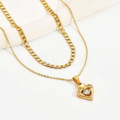 Elegant 304 Stainless Steel Cubic Zircona Heart Pendant Double Layer Necklaces EE4627-1