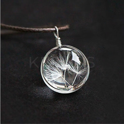 Flat Round Clear Glass Inner Dandelion Pendant Imitation Leather Cord Necklaces for Women FS-WG7DEC0-01-1