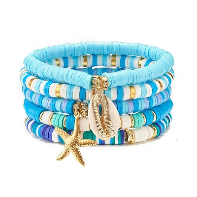 5Pcs 5 Style Polymer Clay Heishi Surfer Stretch Bracelets Set BJEW-SZ0002-23-1