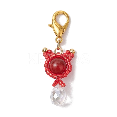 Natural Carnelian & Glass Seed Beaded Cat Pendant Decoration HJEW-MZ00157-07-1
