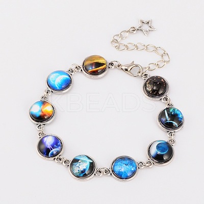 Tibetan Style Alloy Starry Sky Printed Glass Link Bracelets X-BJEW-JB01675-1