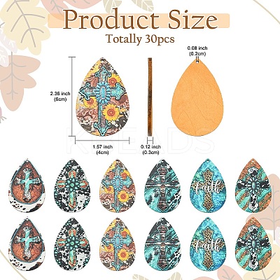 30pPcs 6 Colors Printed Cross Wood Big Pendants WOOD-YW0001-43-1
