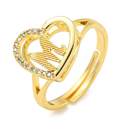 Heart with Letter Rack Plating Brass Micro Pave Cubic Zirconia Adjustable Rings for Women RJEW-I105-06G-M-1