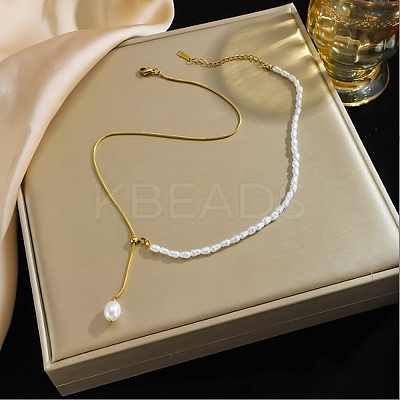 Stainless Steel & Imitation Pearl Beaded Tassel Rice Bead Pendant Y Lariat Necklaces for Women YR7767-1