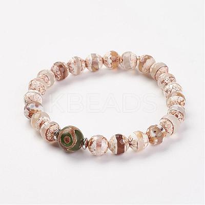 Natural Tibetan Style dZi Agate Bead Stretch Bracelets BJEW-JB03098-02-1