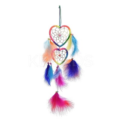 Feather Double Heart Woven Net/Web with Beaded Wind Chimes HEAR-PW0001-169-1
