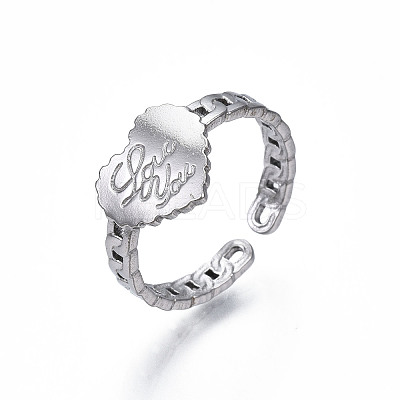 Non-Tarnish 304 Stainless Steel Heart with Word Love You Open Cuff Ring for Women LS-RJEW-S405-261P-1