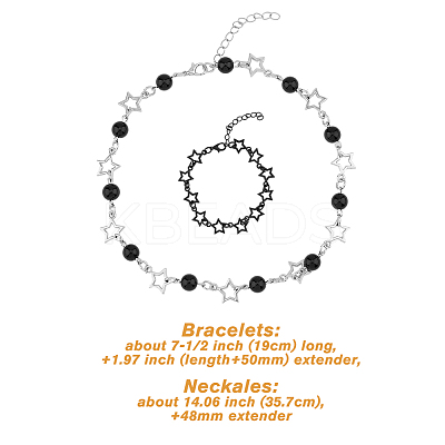 4Pcs 4 Style Alloy Hollow Star Link Chain Bracelets & Necklaces with ABS Plastic Pearl Beaded SJEW-FI0001-09-1