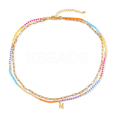 Colorful Glass Seed Beaded Initial Pendant Double Layer Necklaces QS3881-13-1