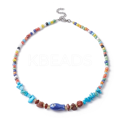 Natural Red Jasper & Howlite Chips & Porcelain Fish Beaded Necklace with Alloy Clasps NJEW-JN04367-1