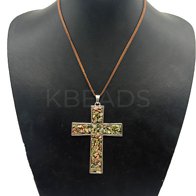 Eco-friendly Zinc Alloy & Natural Chip Unakite Handmade Cross Pendant Cord Necklaces for Women Men RL5831-2-1