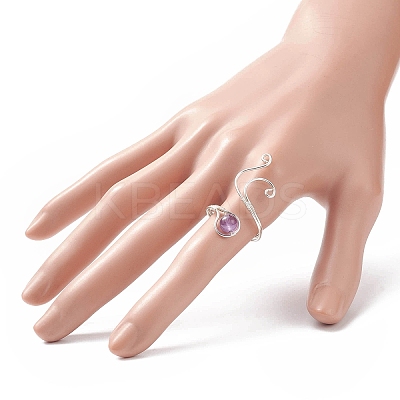 Gemstone Round Beaded Open Cuff Ring RJEW-JR00545-1