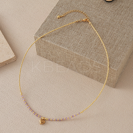 Stainless Steel Heart Pendant Faceted Round Natural Amethyst with Miyuki Beaded Necklaces LS-UF0843-9-1