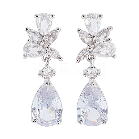 1 Pair Brass Clear Cubic Zirconia Teardrop Dangle Stud Earrings EJEW-LP0001-76-1