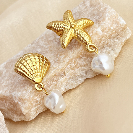 Starfish & Shell Shape 304 Stainless Steel Plastic Pearl Dangle Stud Earrings EJEW-G422-01G-02-1