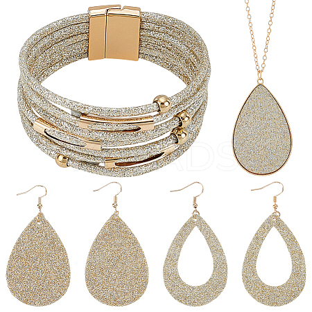 Imitation Leather Teardrop Pendant Necklace & Dangle Earrings & Multi-Strand Bracelet SJEW-UN0001-18A-1
