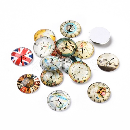 Clock Printed Glass Cabochons GGLA-A002-20mm-YY-1