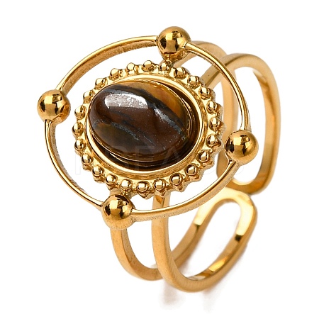 Oval Natural Tiger Eye Finger Rings RJEW-Q822-30G-03-1