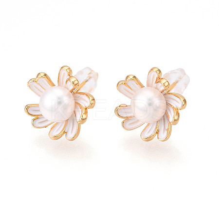 Flower Brass Natural Pearl Stud Earrings PEAR-N020-06X-1