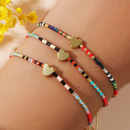 Striped Seed Beaded & Brass Heart Link Bracelets LV4885-1