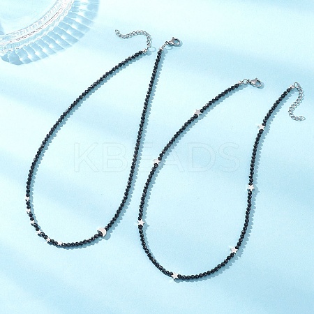 2Pcs 2 Styles Brass Moon Star and Faceted Round Natural Black Spinel Beaded Necklaces for Women NJEW-JN05657-1