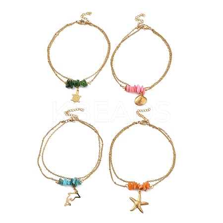 Dyed Natural Shell Chips Charms Anklet AJEW-G049-01G-1