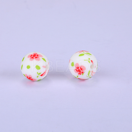 Printed Round with Flower Pattern Silicone Focal Beads SI-JX0056A-169-1