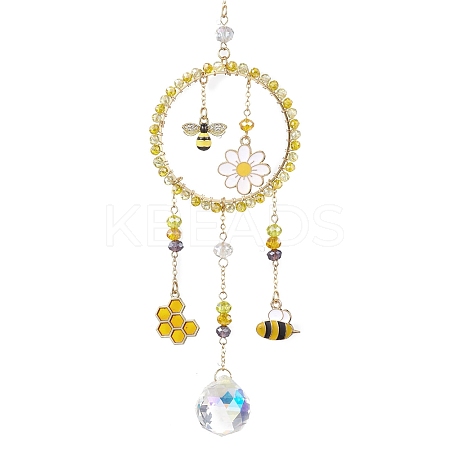 Alloy Enamel Bee Flower & Glass Beads Ring Pendant Decorations HJEW-TA00240-1