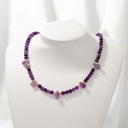 Adjustable 4MM Round and Teeardrop Natural Amethyst Beaded Necklace for Women Elegant Casual Jewelry Gift YO7964-6-1