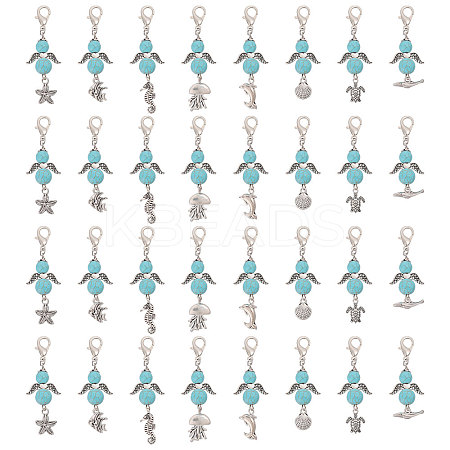 32Pcs 8 Styles Synthetic Turquoise Beads & Alloy Sea Animal Pendant Decorations HJEW-CA00068-1