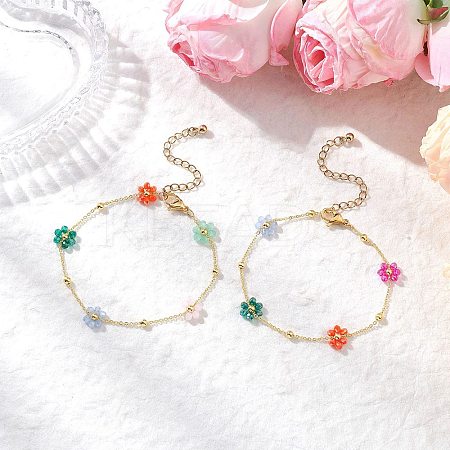Brass Glass Flower Link Bracelets for Women BJEW-JB12383-1