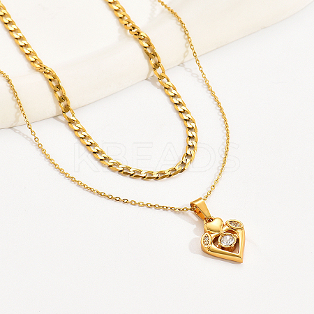 Elegant 304 Stainless Steel Cubic Zircona Heart Pendant Double Layer Necklaces EE4627-1