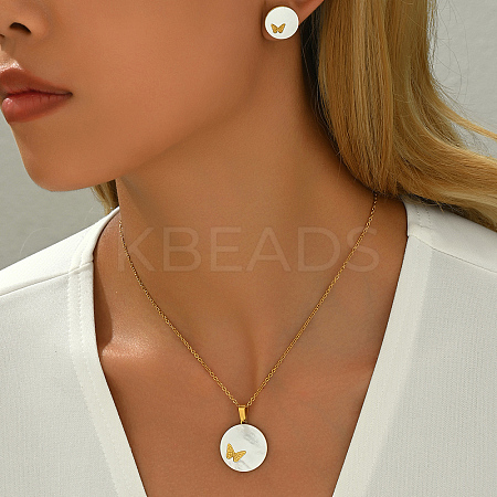 201 Stainless Steel Pave Shell Flat Round Butterfly Pendant Necklace & Stud Earrings Set for Women JA3595-1