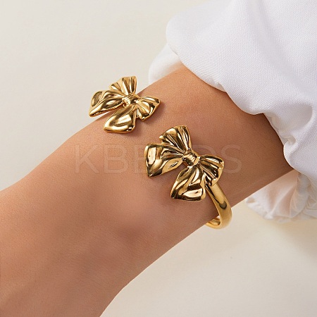 304 Stainless Steel Bowknot Cuff Bangles for Women LS-BJEW-A154-03G-1