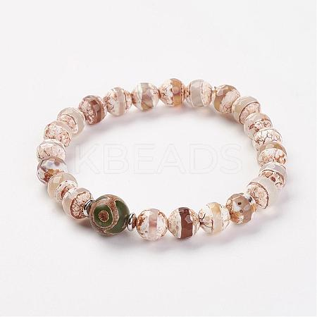 Natural Tibetan Style dZi Agate Bead Stretch Bracelets BJEW-JB03098-02-1