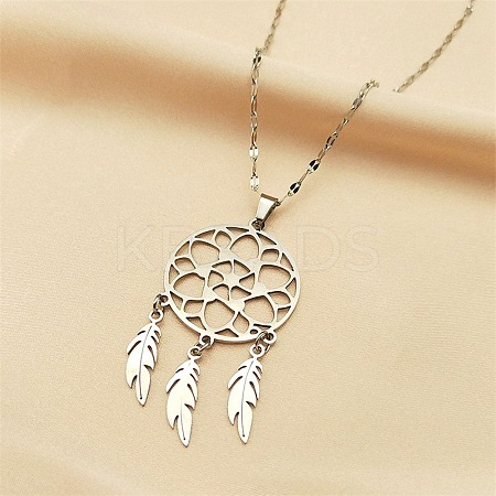 Non-Tarnish Woven Net/Web with Feather 201 Stainless Steel Boho Pendant Necklaces for Women NJEW-G087-07P-1