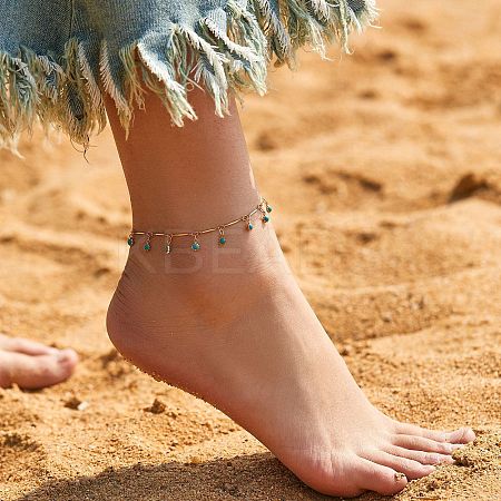 Bohemian Brass Bar Link Chain Marine Blue Enamel Sun Tassel Anklets LS-AJEW-Z046-05G-1