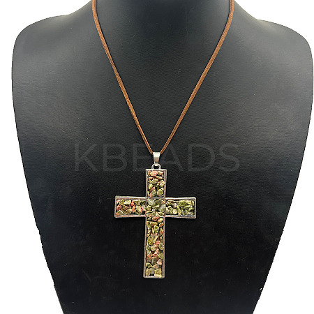 Eco-friendly Zinc Alloy & Natural Chip Unakite Handmade Cross Pendant Cord Necklaces for Women Men RL5831-2-1