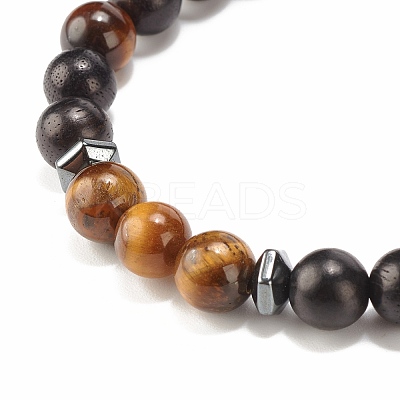 2Pcs 2 Style Natural Wood & Tiger Eye & Synthetic Hematite Stretch Bracelets Set BJEW-JB07940-1