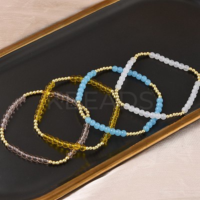 Brass & Glass Round Beaded Stretch Bracelets for Women BJEW-F515-04G-1